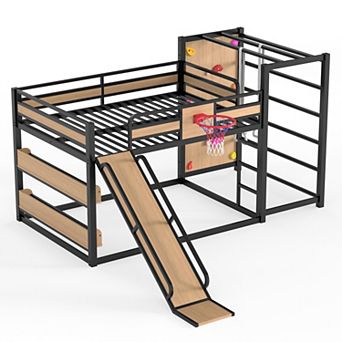 Trikiousd Metal Full Floor Bunk Bed w/ Basketball Hoop, Pull-Up Rings, Climbing Wall & Bookshelves