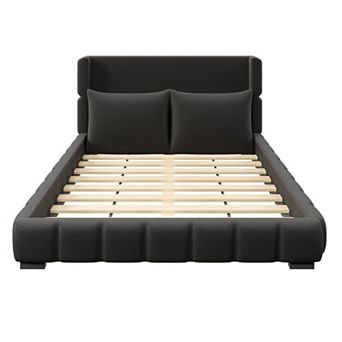 Trikiousd Modern Upholstered Bed Velvet Low-profile Plattform Bed Wood Bed Frame with 2 Pillows