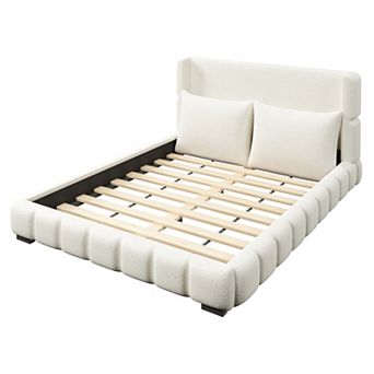 Trikiousd Modern Upholstered Bed Velvet Low-profile Plattform Bed Wood Bed Frame with 2 Pillows