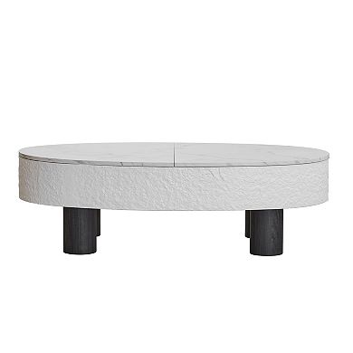 Trikiousd Oval Coffee Table with Faux Marble Top and Hidden Drawer