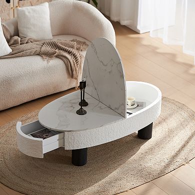 Trikiousd Oval Coffee Table with Faux Marble Top and Hidden Drawer