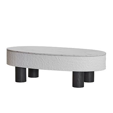 Trikiousd Oval Coffee Table with Faux Marble Top and Hidden Drawer