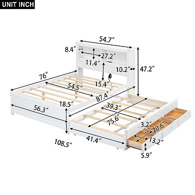 Trikiousd Modern Full Size Platform Bed Wood Bedframe with Trundle, 3 Drawers and USB Plugs