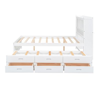 Trikiousd Modern Full Size Platform Bed Wood Bedframe with Trundle, 3 Drawers and USB Plugs