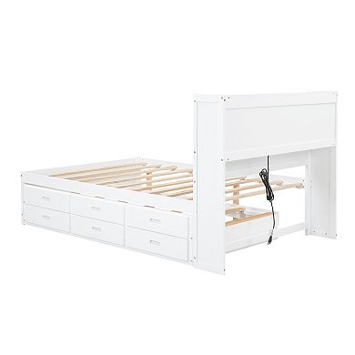 Trikiousd Modern Full Size Platform Bed Wood Bedframe with Trundle, 3 Drawers and USB Plugs