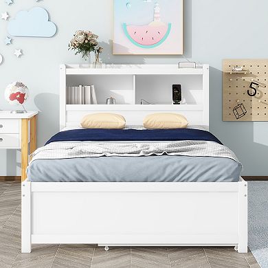 Trikiousd Modern Full Size Platform Bed Wood Bedframe with Trundle, 3 Drawers and USB Plugs