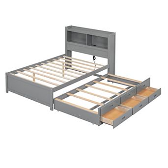 Trikiousd Modern Full Size Platform Bed Wood Bedframe with Trundle, 3 Drawers and USB Plugs