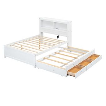 Trikiousd Modern Full Size Platform Bed Wood Bedframe with Trundle, 3 Drawers and USB Plugs