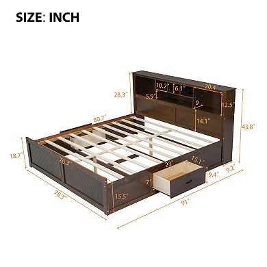 Trikiousd King Size Solid Wood Platform Bed with Storage Headboard, USB & 2 Drawers