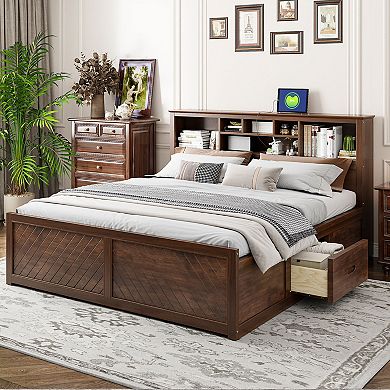 Trikiousd King Size Solid Wood Platform Bed with Storage Headboard, USB & 2 Drawers