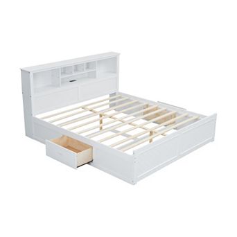 Trikiousd King Size Solid Wood Platform Bed with Storage Headboard, USB & 2 Drawers