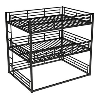 Trikiousd Heavy Duty Triple Bunk Bed for 3 Kids Metal Floor Bunkbeds with Ladder