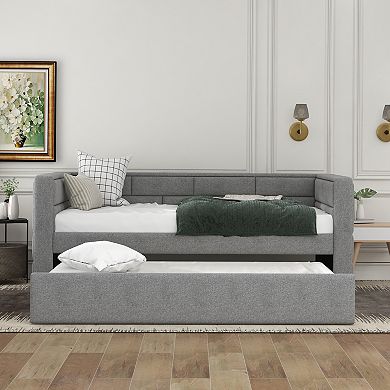 Trikiousd Upholstered DayBed Modern Twin Size Sofa Bed with Trundle & Padded Back