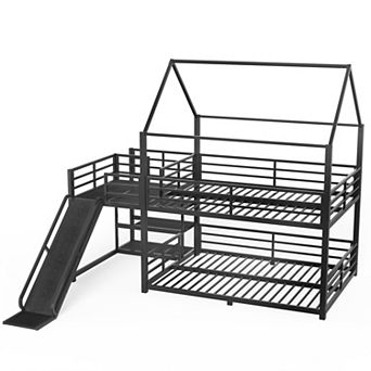 Trikiousd Kids House Floor Bunk Bed Metal Bed Frame with Storage Stairs & Slide