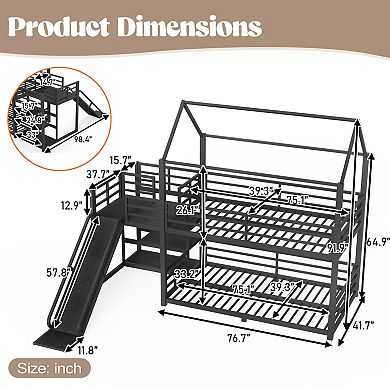Trikiousd Kids House Floor Bunk Bed Metal Bed Frame with Storage Stairs & Slide