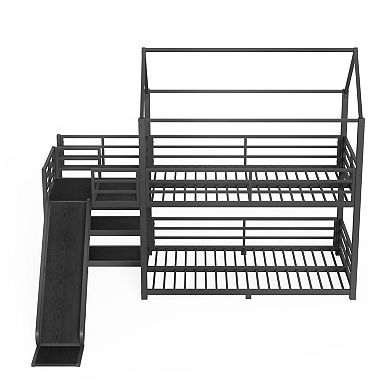 Trikiousd Kids House Floor Bunk Bed Metal Bed Frame with Storage Stairs & Slide