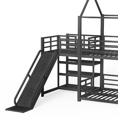 Trikiousd Kids House Floor Bunk Bed Metal Bed Frame with Storage Stairs & Slide