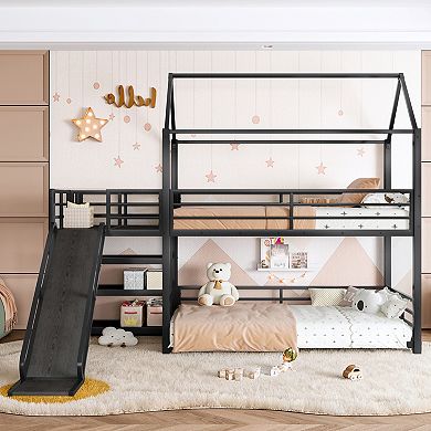 Trikiousd Kids House Floor Bunk Bed Metal Bed Frame with Storage Stairs & Slide
