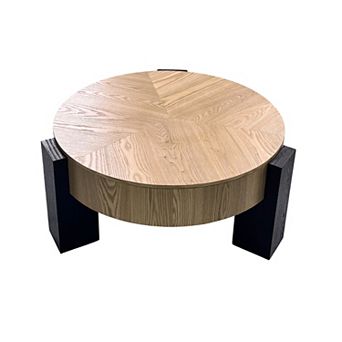 Trikiousd 33" Round Coffee Table with Hidden Storage and Wood Parquet Top