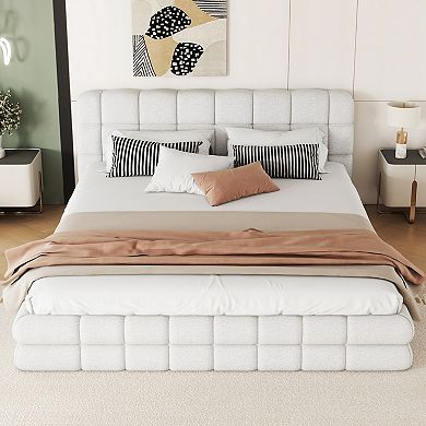Trikiousd Modern Queen Size Berber Fleece Upholstered Platform Bed Wood Floor Bed Frame