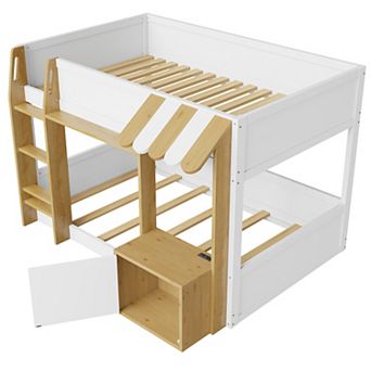 Trikiousd Low Bunk Bed Solid Wood Twin Bed Frame with Integrated Desk, Storage & USB ports