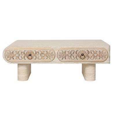 Trikiousd Rounded Edge Coffee Table with Flower Pattern Drawer