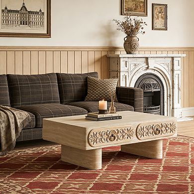 Trikiousd Rounded Edge Coffee Table with Flower Pattern Drawer