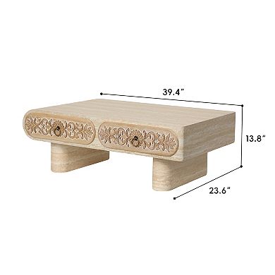 Trikiousd Rounded Edge Coffee Table with Flower Pattern Drawer