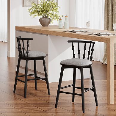 Trikiousd Bar Stool Set of 2 Rubber Wood Bar Chairs Curved Backrest w/Upholstered Cushioned Seat