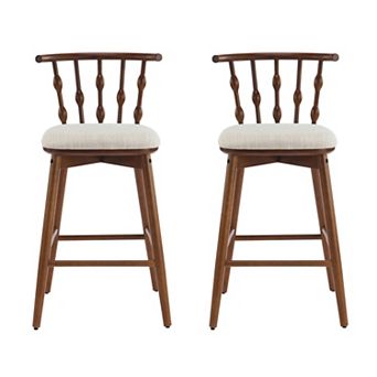 Trikiousd Bar Stool Set of 2 Rubber Wood Bar Chairs Curved Backrest w/Upholstered Cushioned Seat