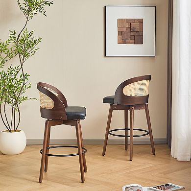 Trikiousd Swivel Bar Stools Set of 2 Modern Leather Upholstered Barstools with Rattan Back