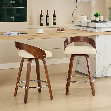Trikiousd 26" Swivel Bar Stools Set of 2, Low Back PU Leather Bar Chairs with Soft Cushion Seat