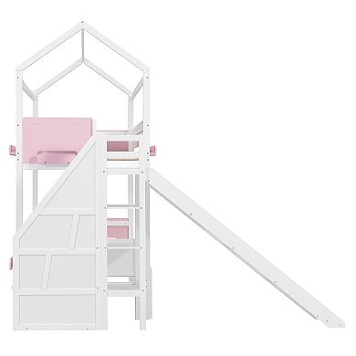 Trikiousd House-Shaped Wooden Bunk Bed Twin Over Twin/Full Kids Bed Frame with Storage Staircase