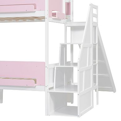 Trikiousd House-Shaped Wooden Bunk Bed Twin Over Twin/Full Kids Bed Frame with Storage Staircase