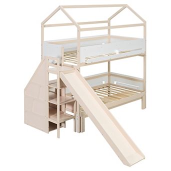 Trikiousd House-Shaped Wooden Bunk Bed Twin Over Twin/Full Kids Bed Frame with Storage Staircase