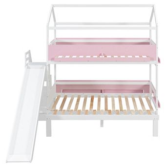 Trikiousd House-Shaped Wooden Bunk Bed Twin Over Twin/Full Kids Bed Frame with Storage Staircase