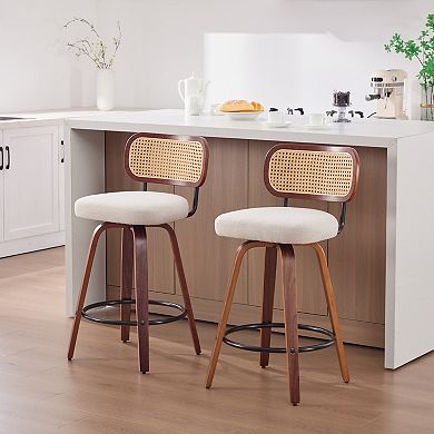 Trikiousd Swivel Bar Stools Set of 2, Upholstered Counter Height Bar Stools with Rattan Back