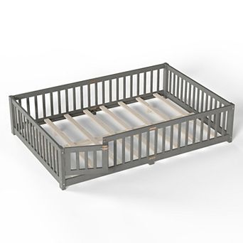 Trikiousd Kids Floor Bed Low Montessori Bed with Wood Slats, Safety Guardrails & Door