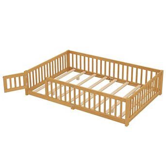 Trikiousd Kids Floor Bed Low Montessori Bed with Wood Slats, Safety Guardrails & Door