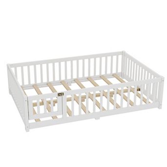 Trikiousd Kids Floor Bed Low Montessori Bed with Wood Slats, Safety Guardrails & Door