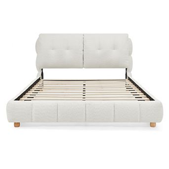 Trikiousd Boucle Upholstered Bed Frame Low Profile Platform Bed with Soft Cloud Headboard