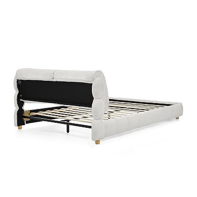 Trikiousd Boucle Upholstered Bed Frame Low Profile Platform Bed with Soft Cloud Headboard