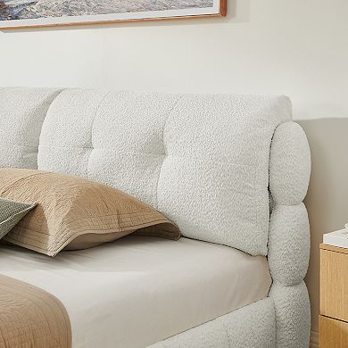 Trikiousd Boucle Upholstered Bed Frame Low Profile Platform Bed with Soft Cloud Headboard