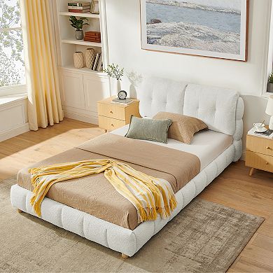 Trikiousd Boucle Upholstered Bed Frame Low Profile Platform Bed with Soft Cloud Headboard