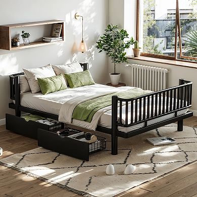 Trikiousd Metal Montessori Bed Daybed Low Platform Bed Frame with 2 Storage Drawers