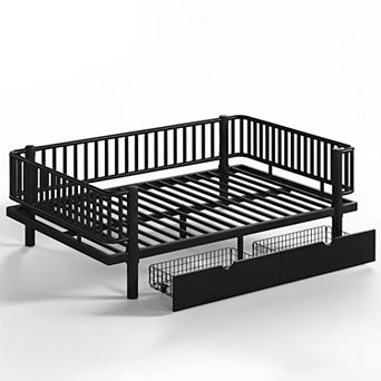 Trikiousd Metal Montessori Bed Daybed Low Platform Bed Frame with 2 Storage Drawers