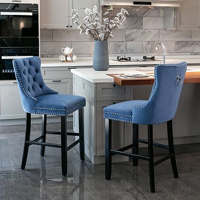 Trikiousd Velvet Bar Stools Button Tufted Upholstered Bar Chairs Set of 2, Solid Wood Legs
