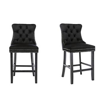Trikiousd Velvet Bar Stools Button Tufted Upholstered Bar Chairs Set of 2, Solid Wood Legs
