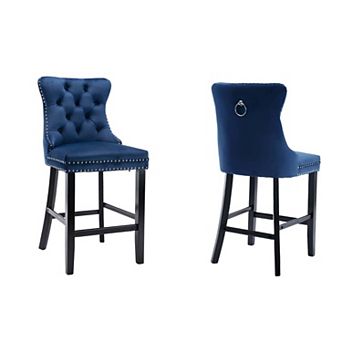 Trikiousd Velvet Bar Stools Button Tufted Upholstered Bar Chairs Set of 2, Solid Wood Legs