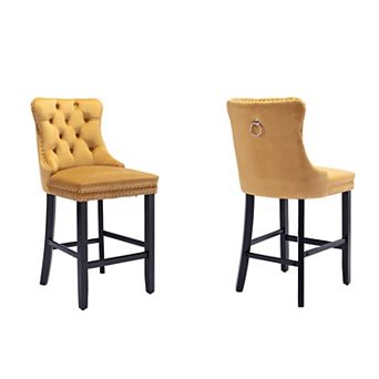Trikiousd Velvet Bar Stools Button Tufted Upholstered Bar Chairs Set of 2, Solid Wood Legs